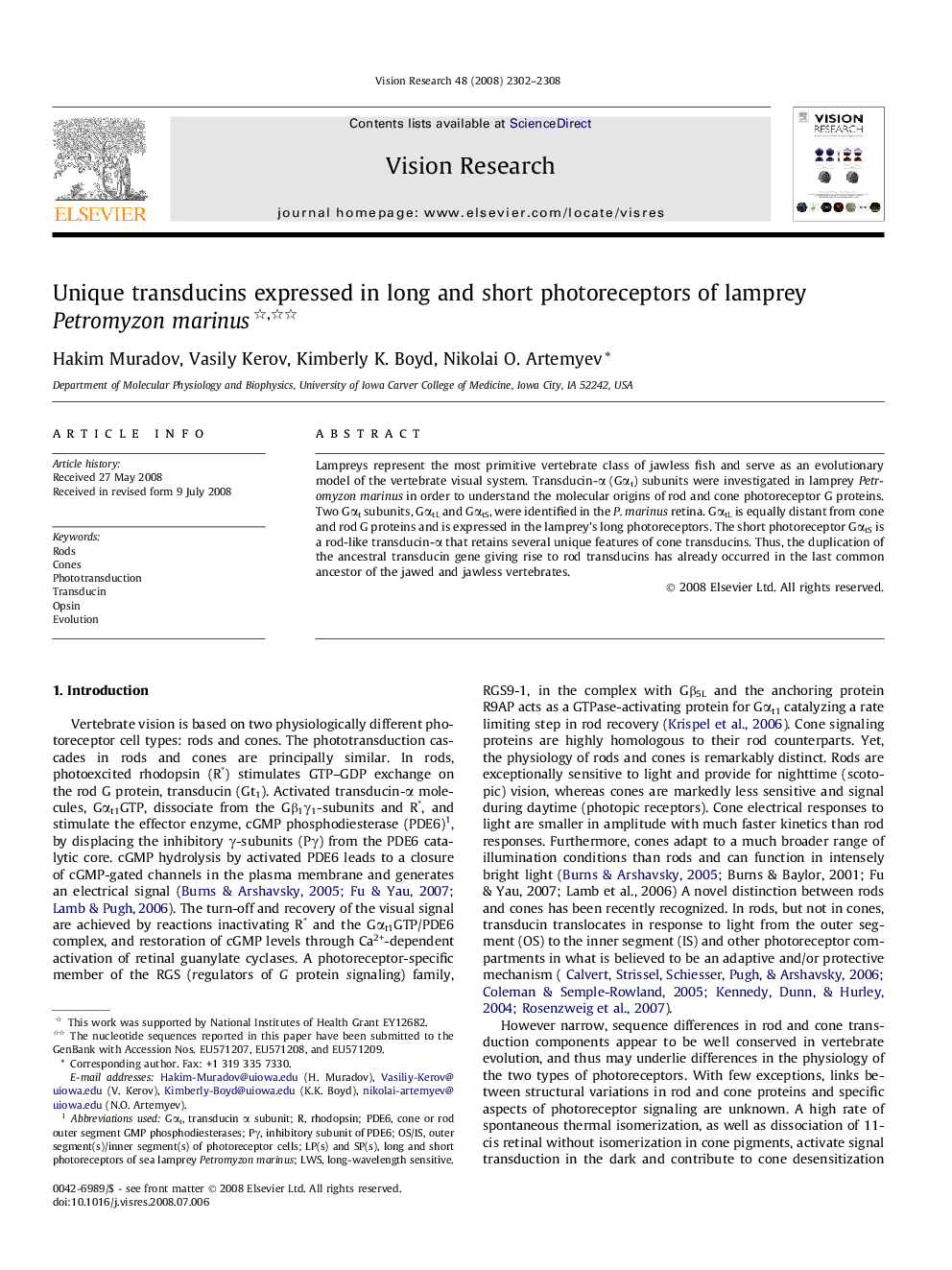 Unique transducins expressed in long and short photoreceptors of lamprey Petromyzon marinus 