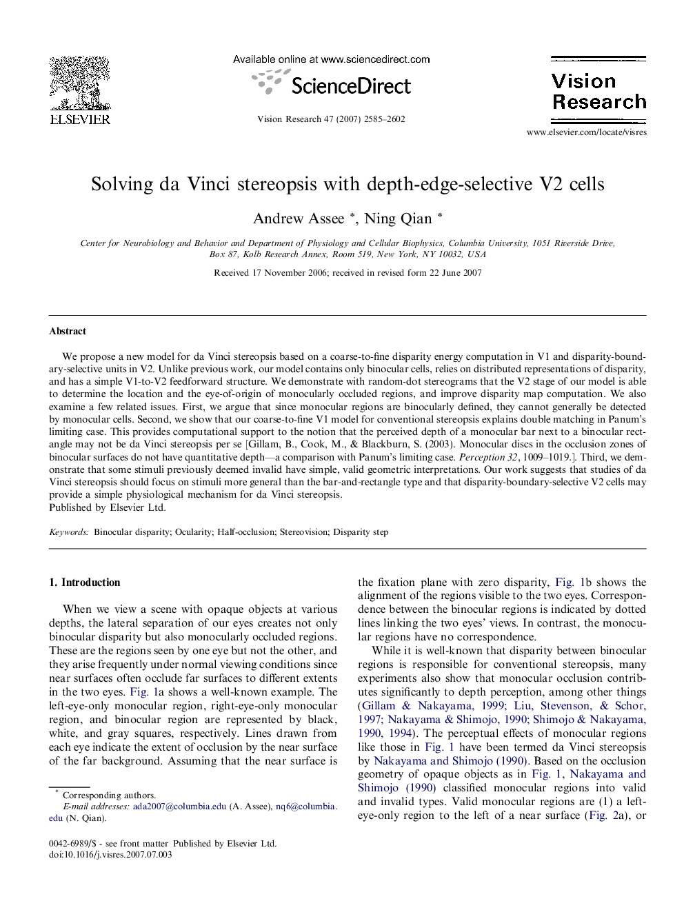 Solving da Vinci stereopsis with depth-edge-selective V2 cells