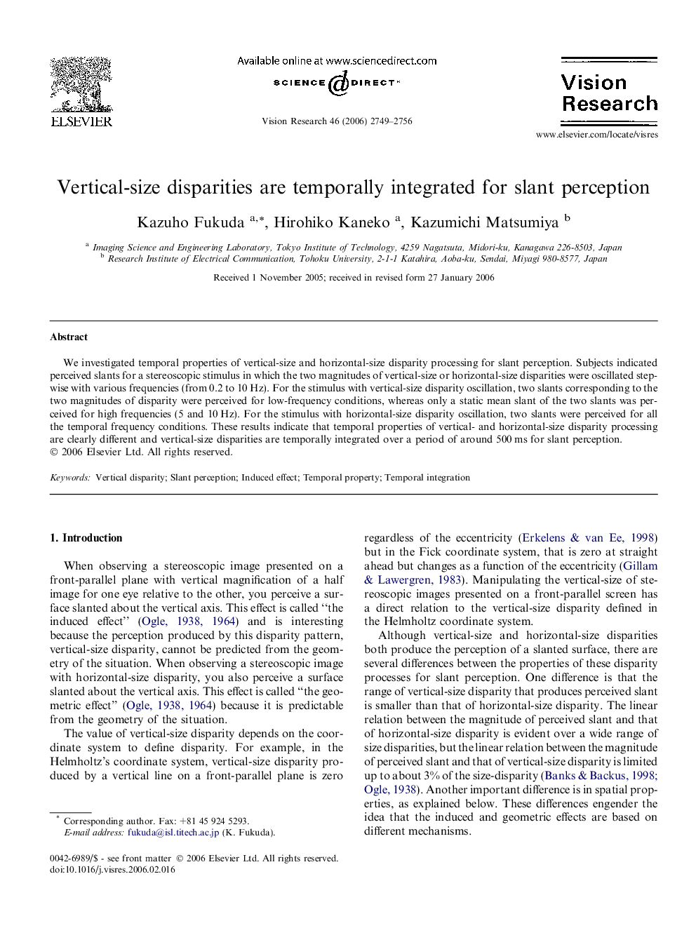 Vertical-size disparities are temporally integrated for slant perception