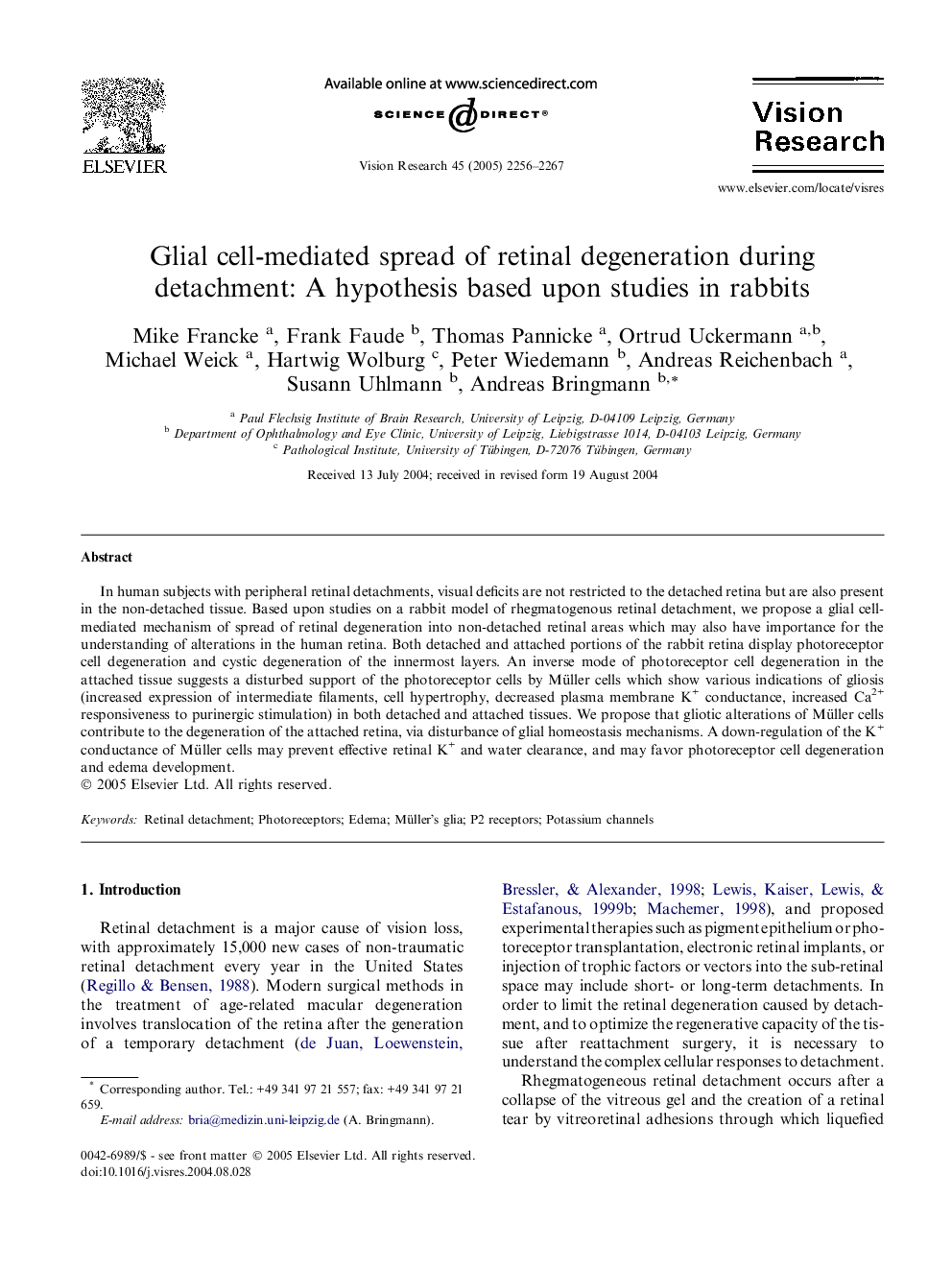 Glial cell-mediated spread of retinal degeneration during detachment: A hypothesis based upon studies in rabbits