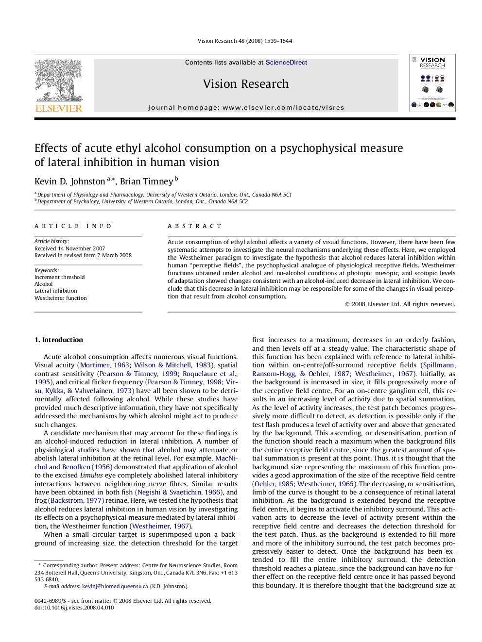 Effects of acute ethyl alcohol consumption on a psychophysical measure of lateral inhibition in human vision