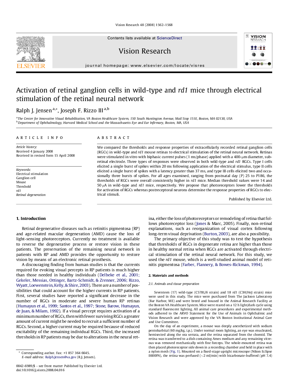 Activation of retinal ganglion cells in wild-type and rd1 mice through electrical stimulation of the retinal neural network