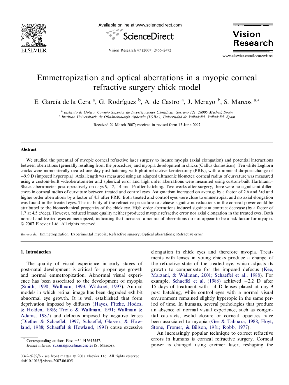 Emmetropization and optical aberrations in a myopic corneal refractive surgery chick model