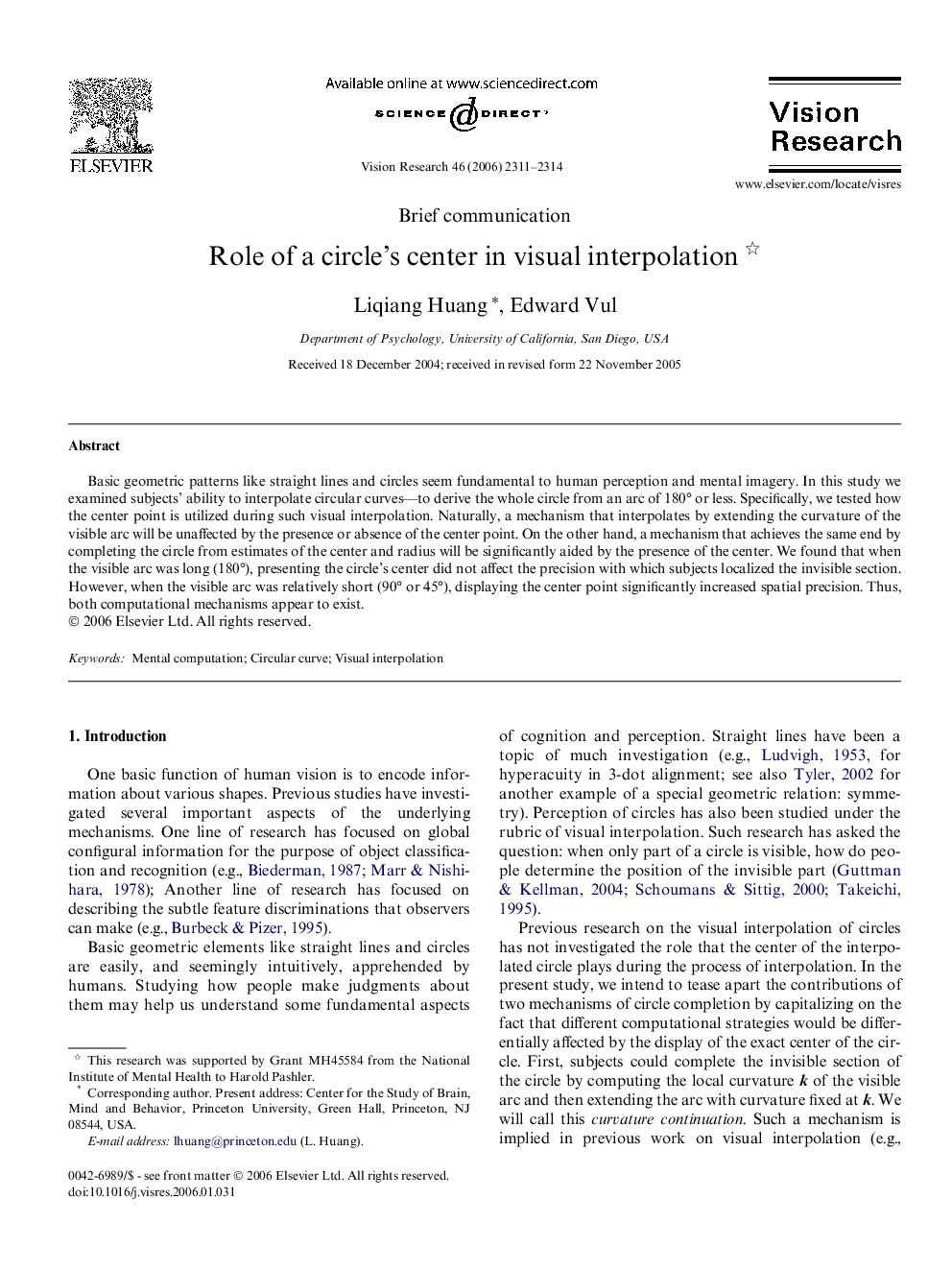 Role of a circle’s center in visual interpolation 