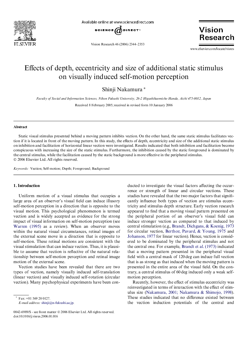 Effects of depth, eccentricity and size of additional static stimulus on visually induced self-motion perception