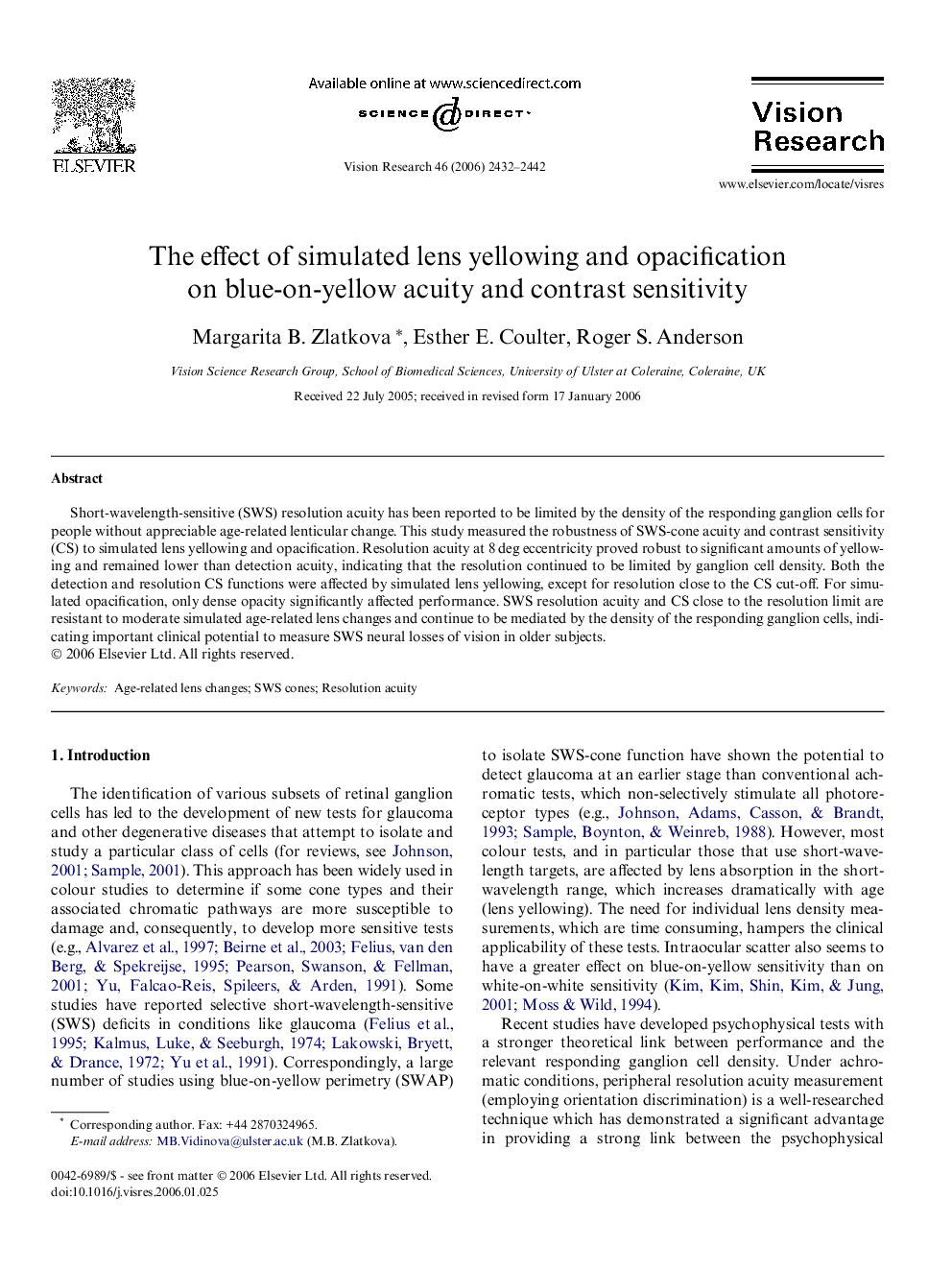 The effect of simulated lens yellowing and opacification on blue-on-yellow acuity and contrast sensitivity