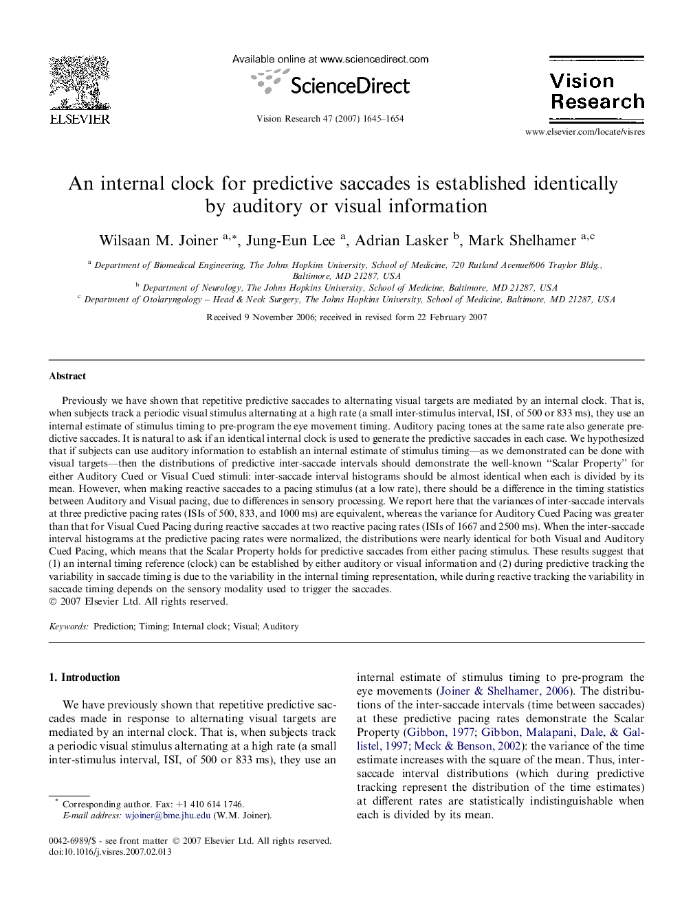 An internal clock for predictive saccades is established identically by auditory or visual information