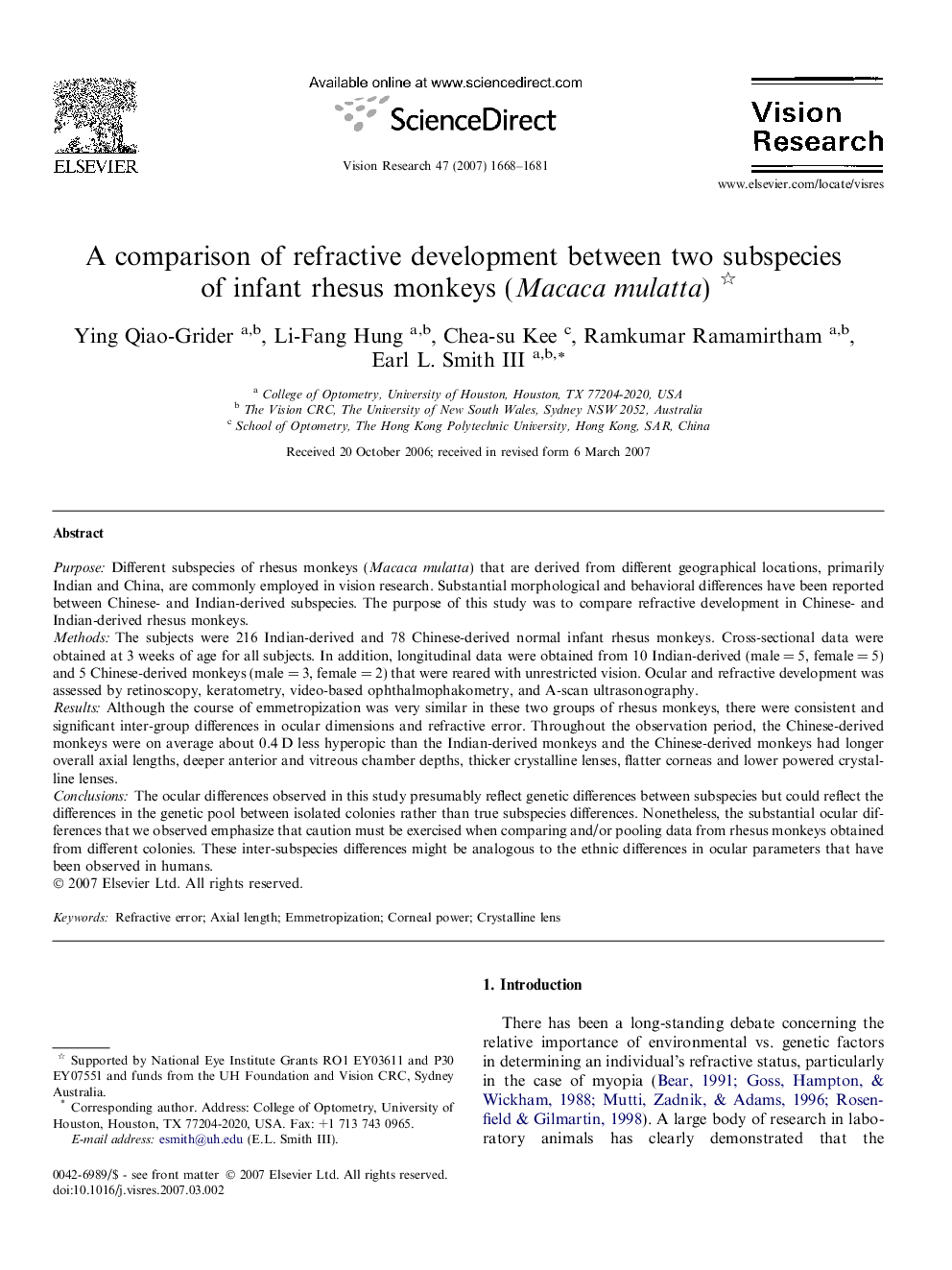 A comparison of refractive development between two subspecies of infant rhesus monkeys (Macaca mulatta) 