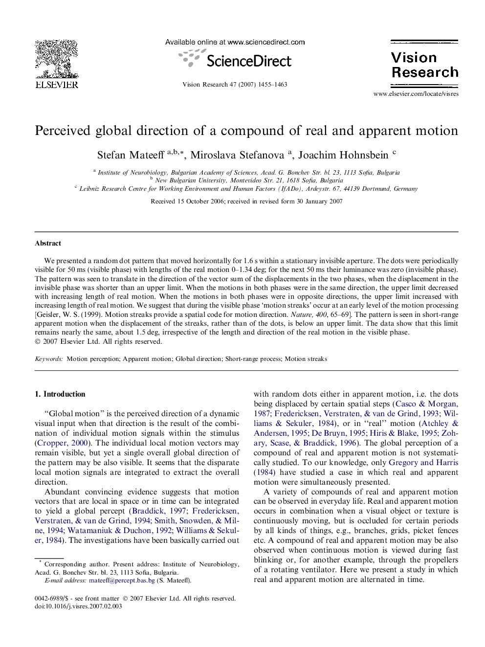 Perceived global direction of a compound of real and apparent motion