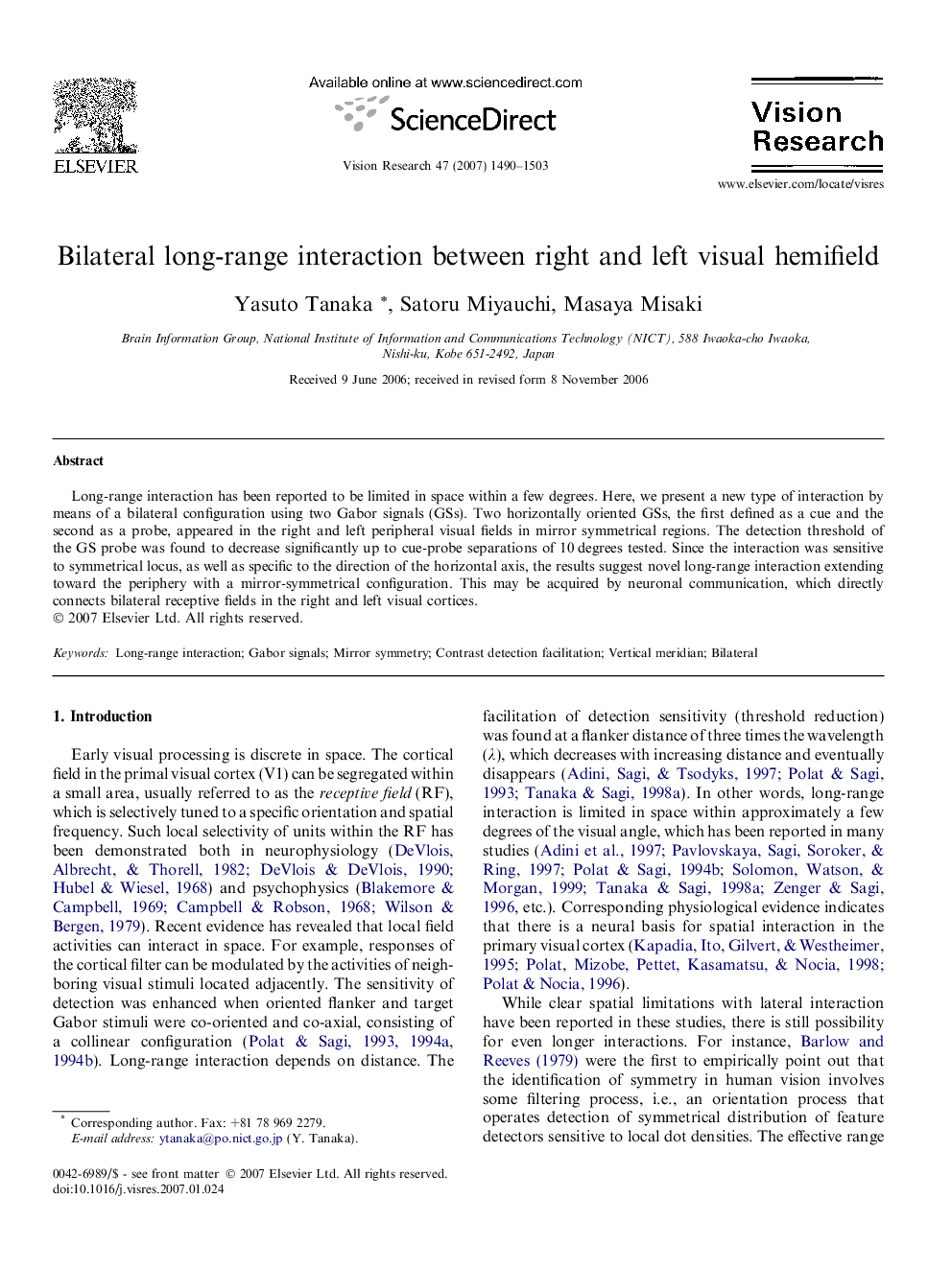 Bilateral long-range interaction between right and left visual hemifield