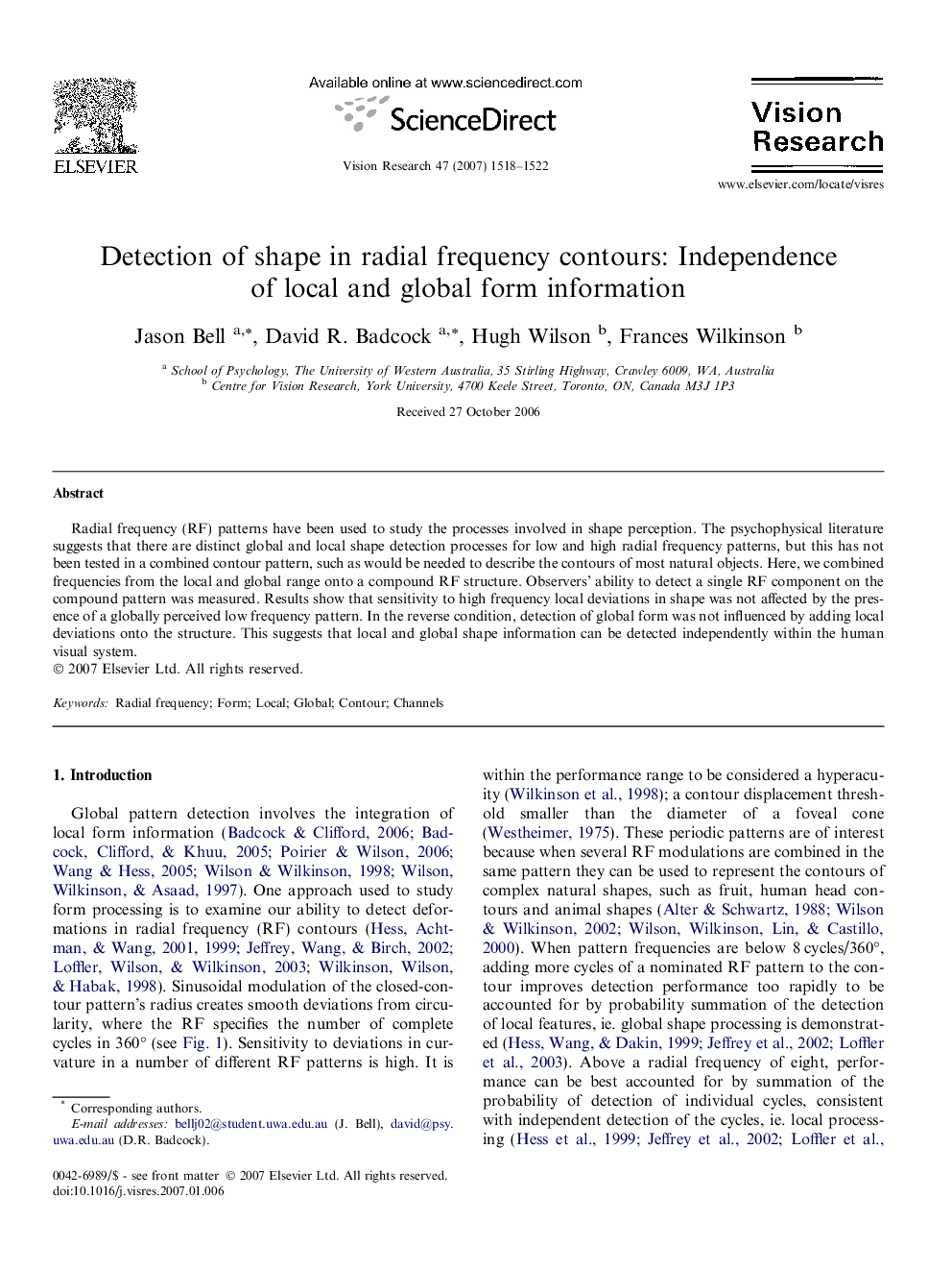 Detection of shape in radial frequency contours: Independence of local and global form information