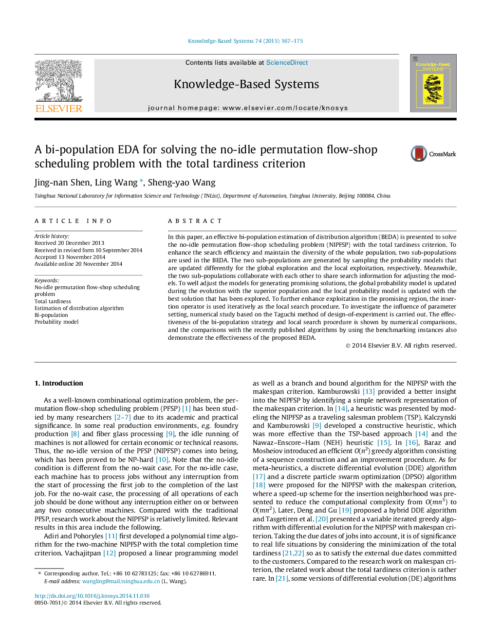 A bi-population EDA for solving the no-idle permutation flow-shop scheduling problem with the total tardiness criterion