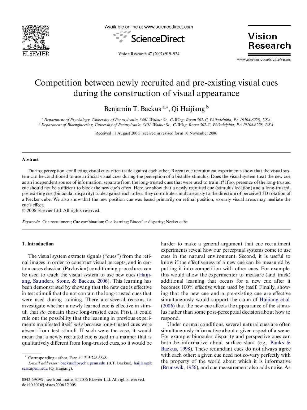 Competition between newly recruited and pre-existing visual cues during the construction of visual appearance