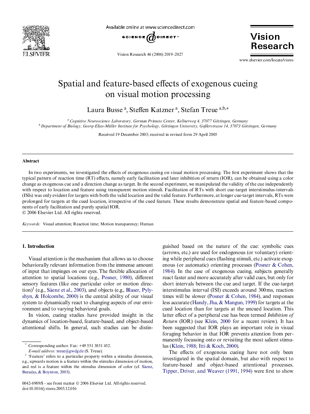 Spatial and feature-based effects of exogenous cueing on visual motion processing