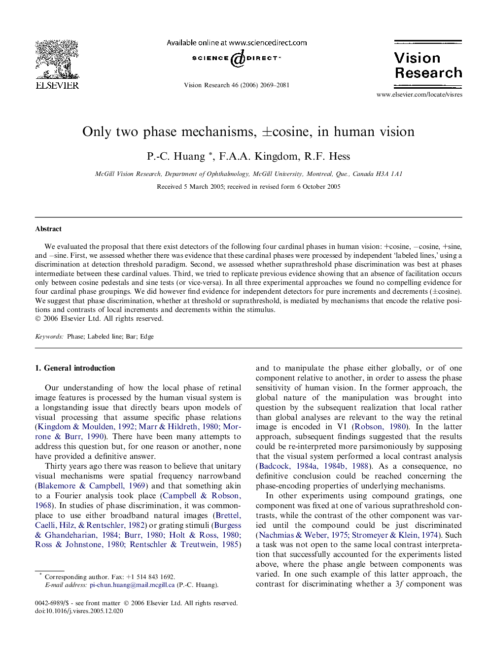 Only two phase mechanisms, ±cosine, in human vision