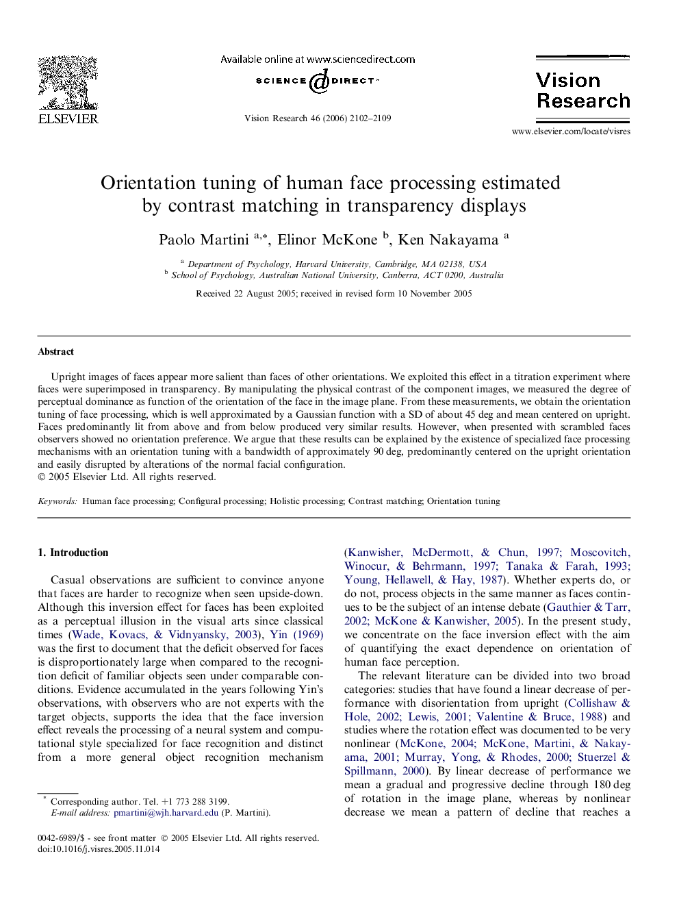 Orientation tuning of human face processing estimated by contrast matching in transparency displays