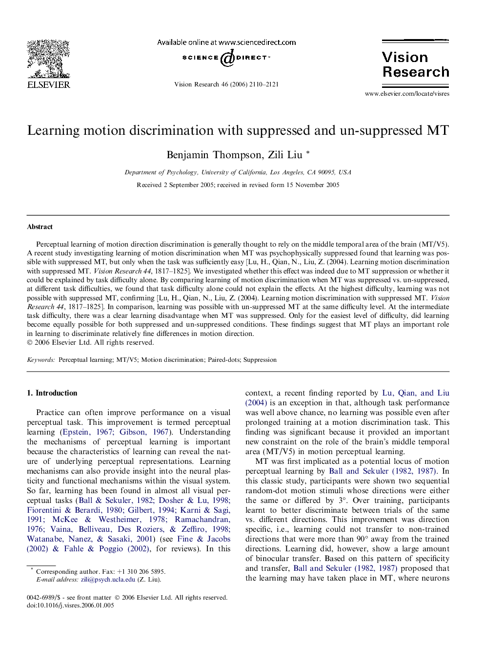 Learning motion discrimination with suppressed and un-suppressed MT