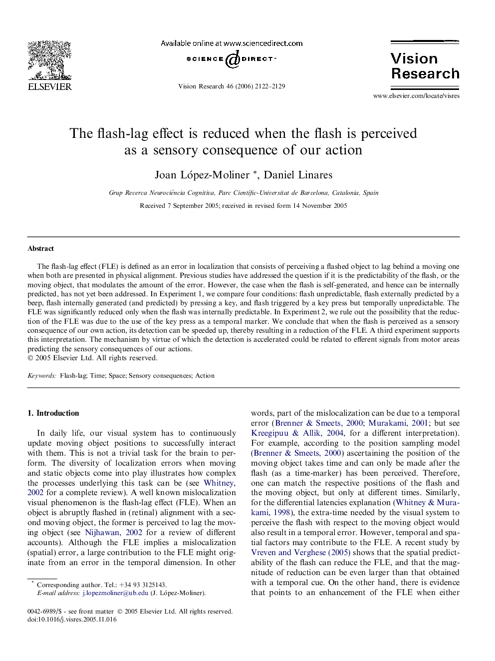 The flash-lag effect is reduced when the flash is perceived as a sensory consequence of our action