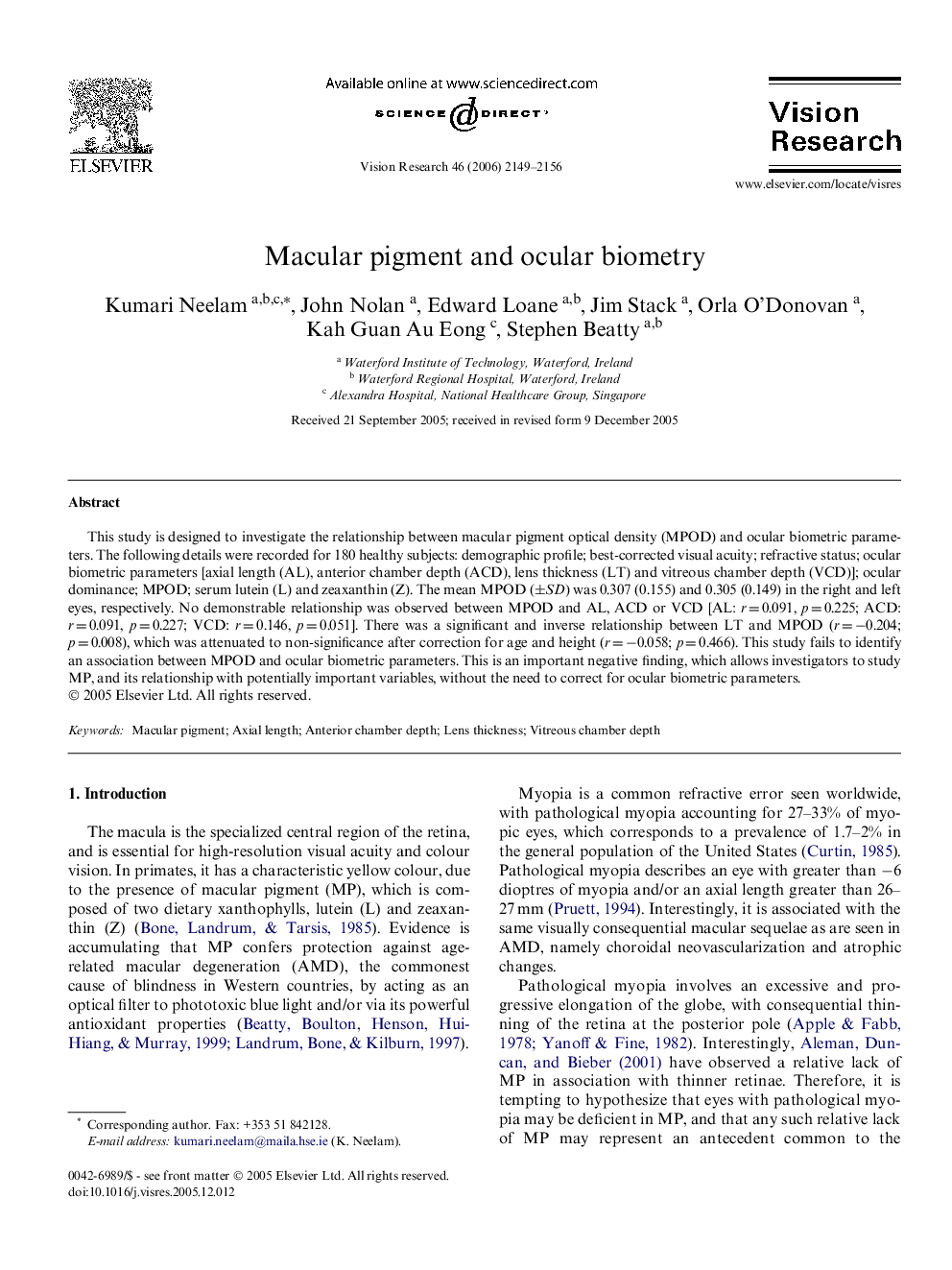 Macular pigment and ocular biometry