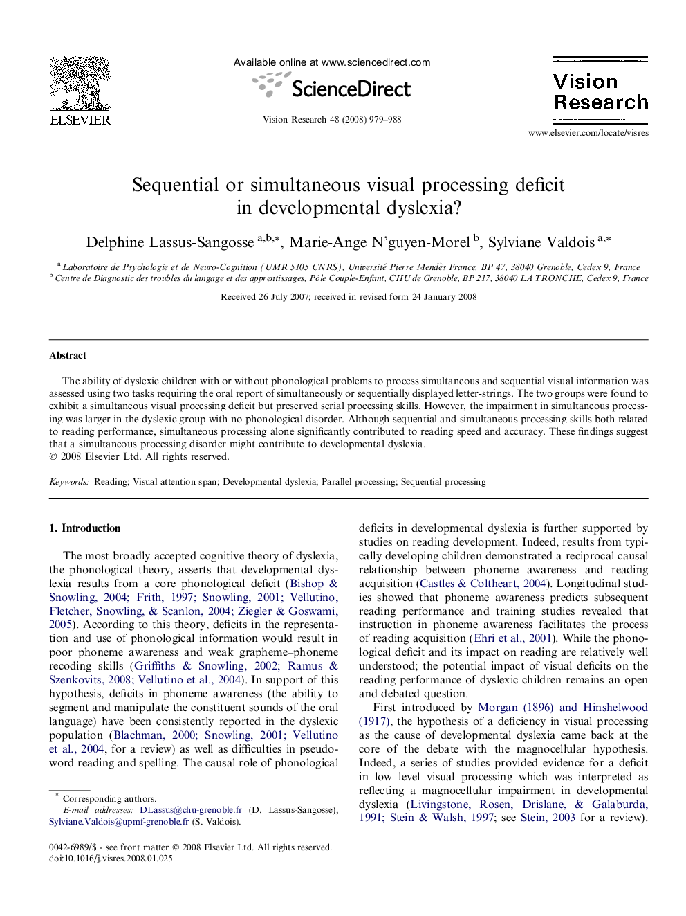 Sequential or simultaneous visual processing deficit in developmental dyslexia?