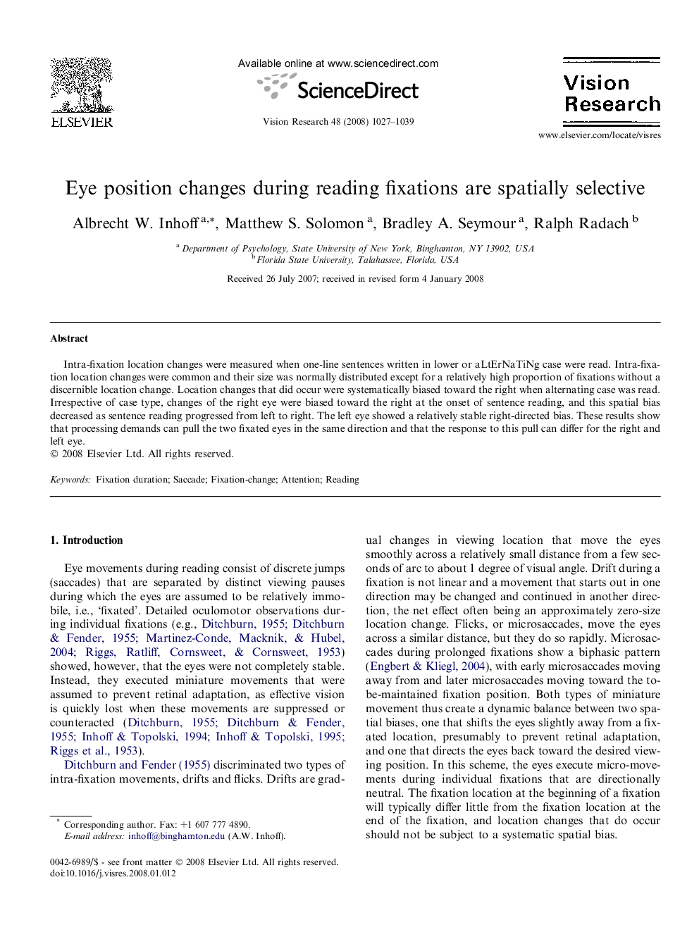 Eye position changes during reading fixations are spatially selective