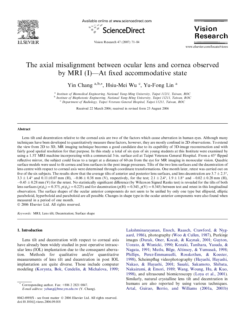 The axial misalignment between ocular lens and cornea observed by MRI (I)—At fixed accommodative state