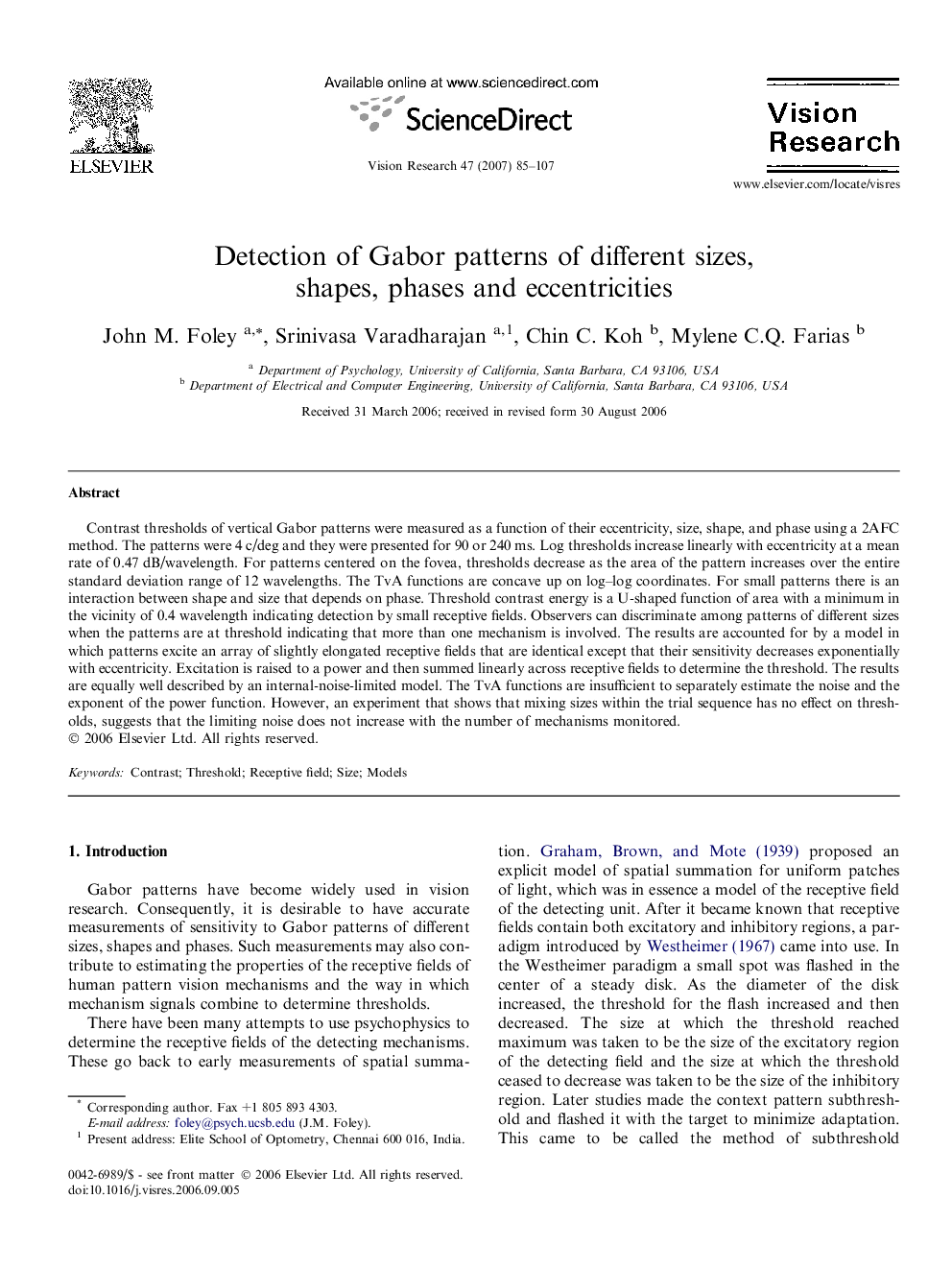 Detection of Gabor patterns of different sizes, shapes, phases and eccentricities