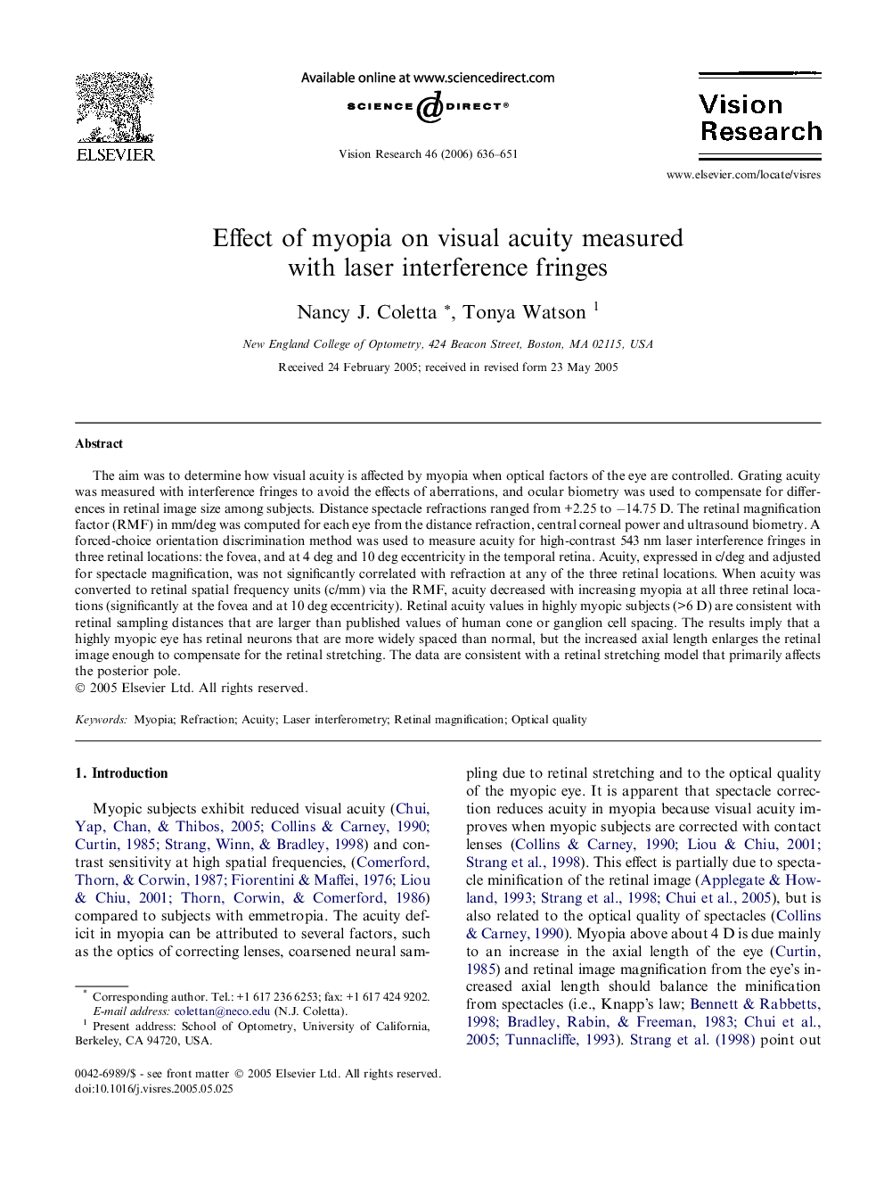 Effect of myopia on visual acuity measured with laser interference fringes