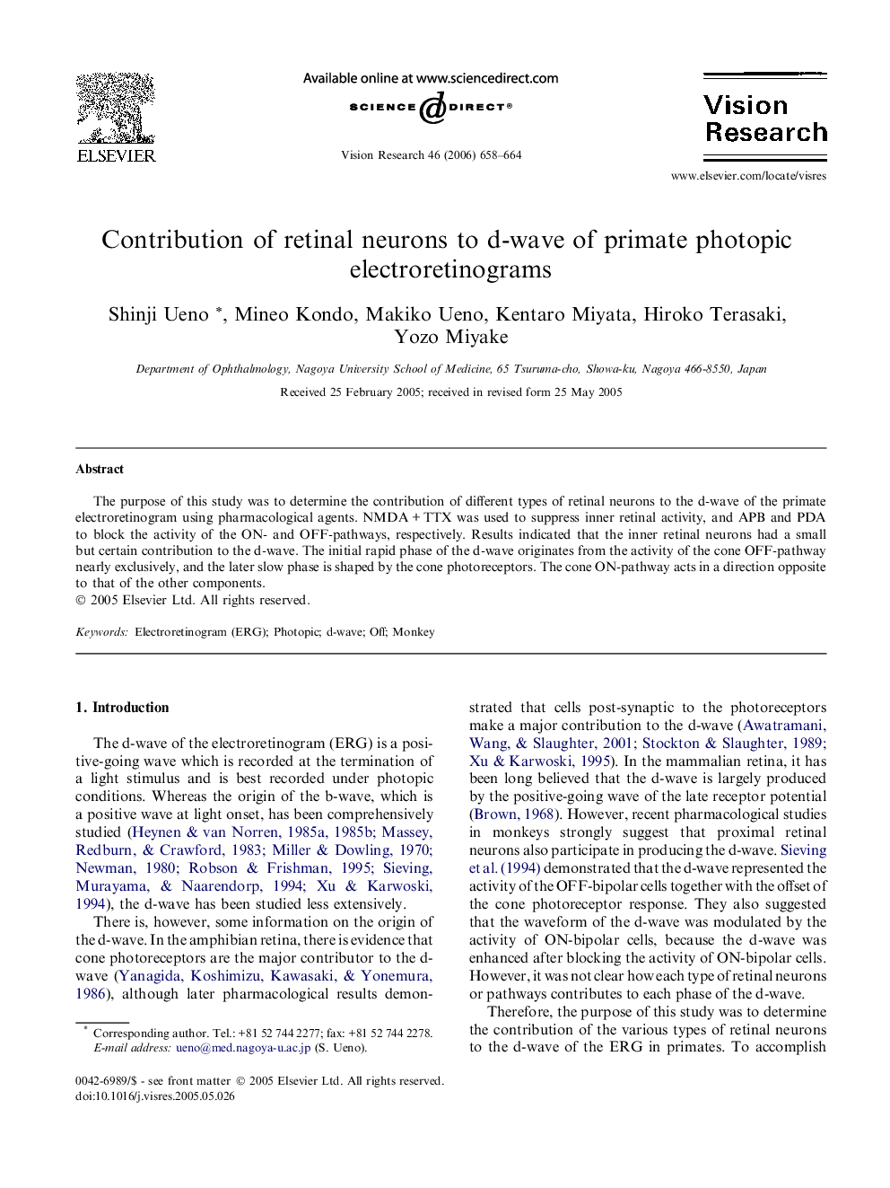 Contribution of retinal neurons to d-wave of primate photopic electroretinograms