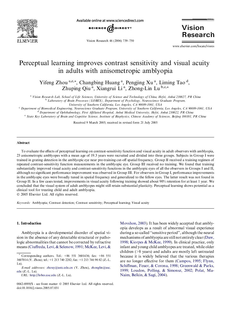 Perceptual learning improves contrast sensitivity and visual acuity in adults with anisometropic amblyopia