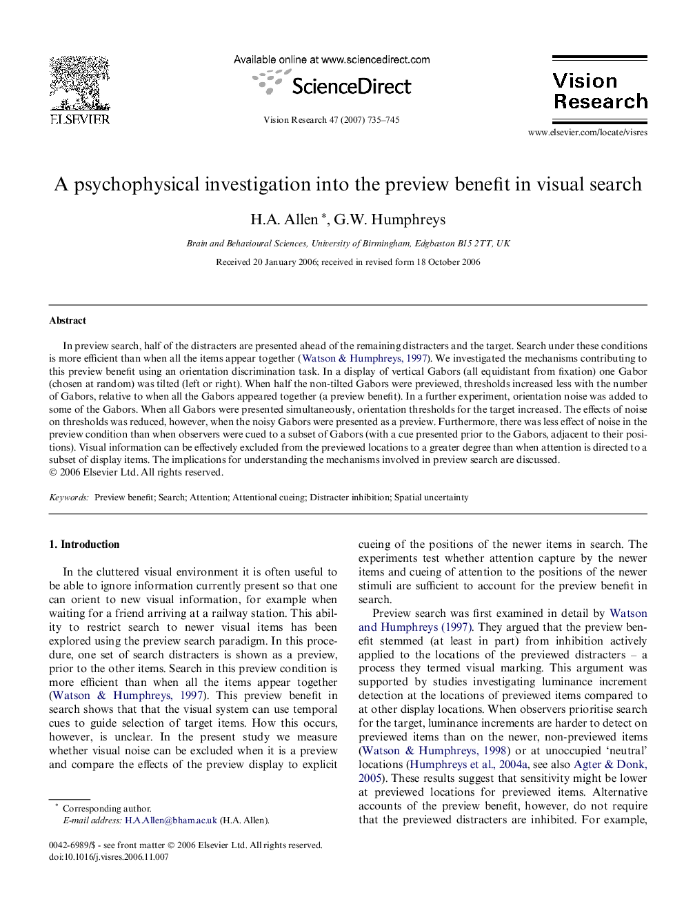 A psychophysical investigation into the preview benefit in visual search