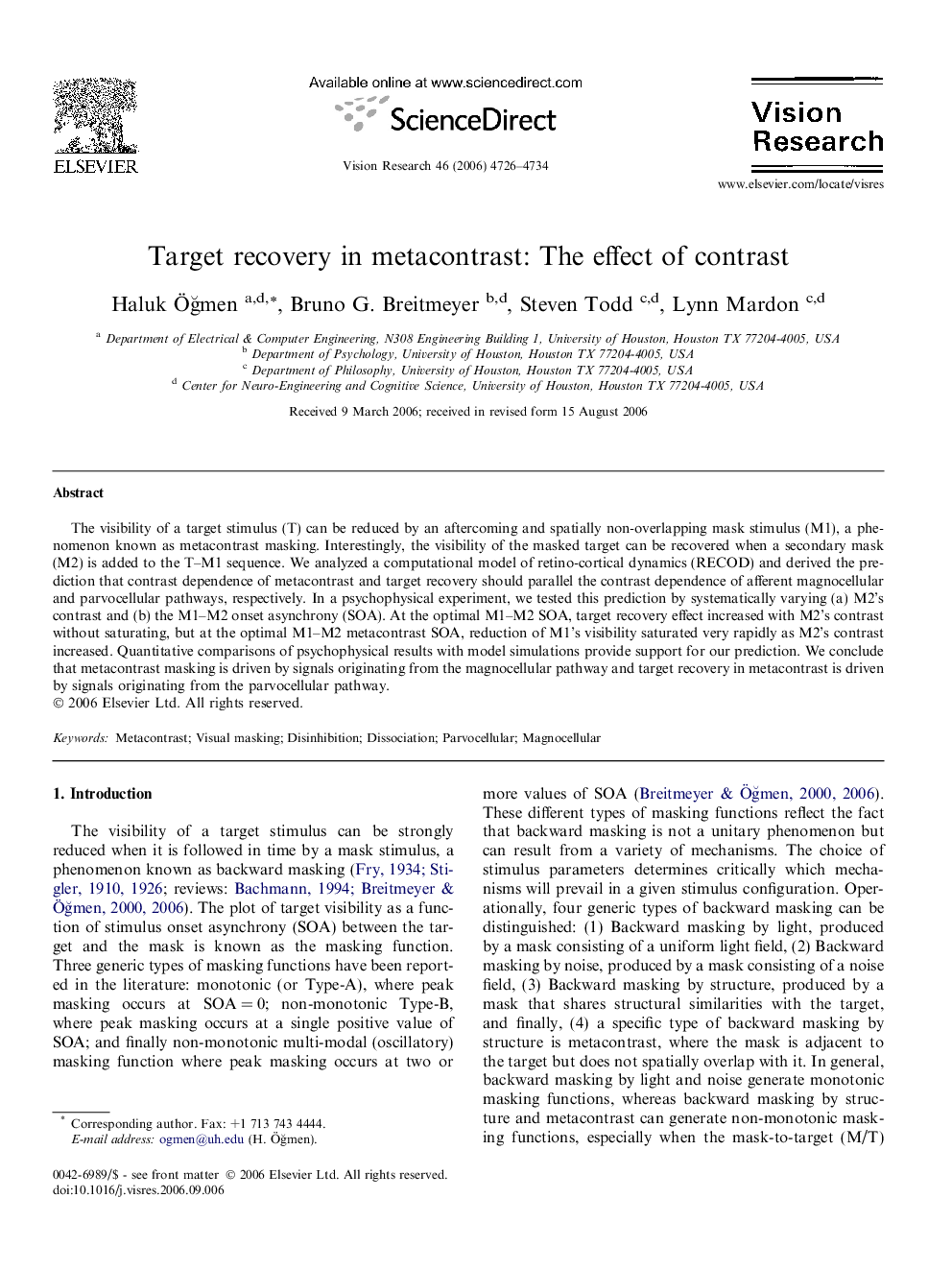 Target recovery in metacontrast: The effect of contrast