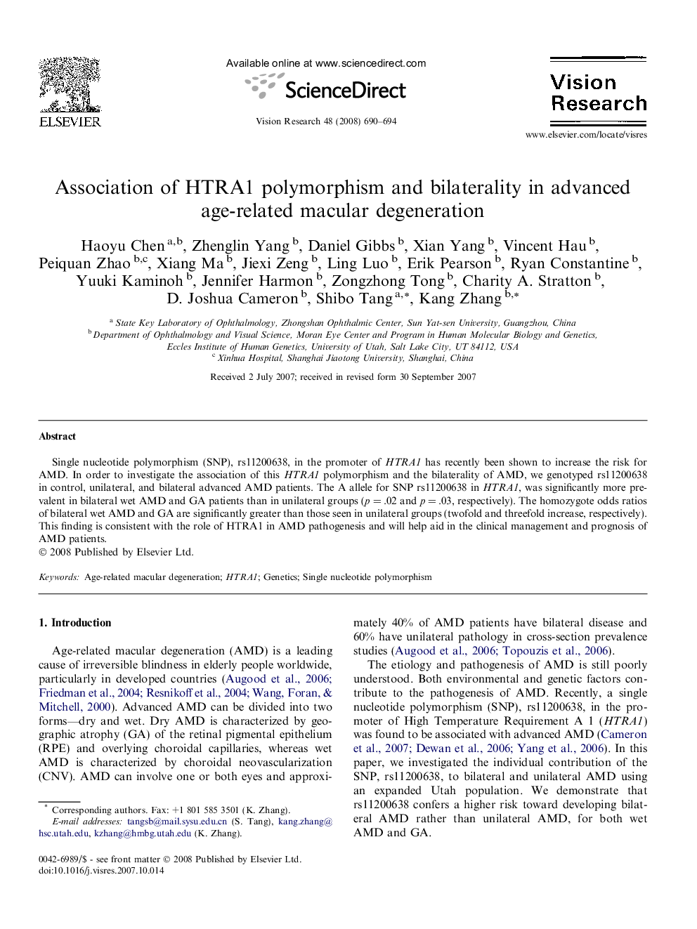 Association of HTRA1 polymorphism and bilaterality in advanced age-related macular degeneration