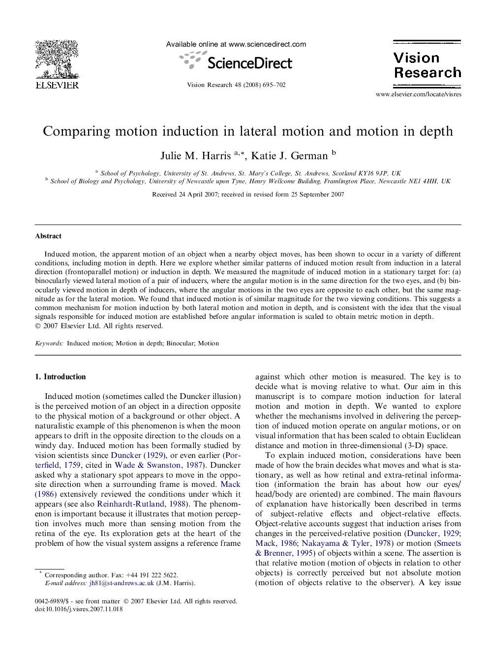 Comparing motion induction in lateral motion and motion in depth