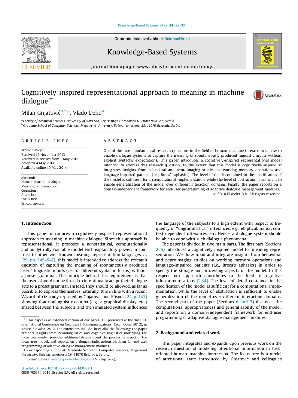 Cognitively-inspired representational approach to meaning in machine dialogue 