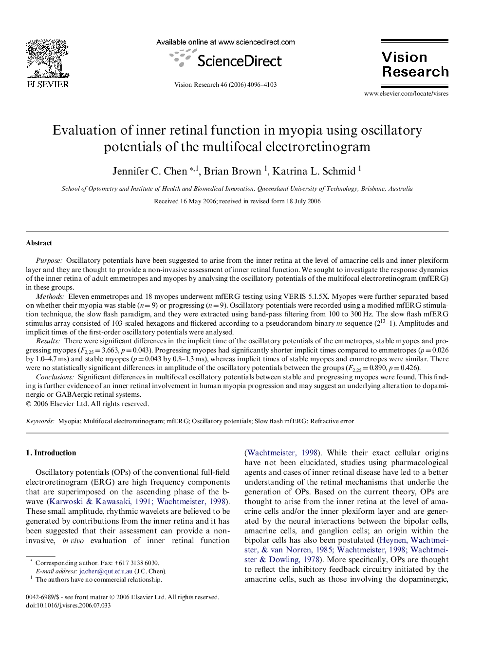 Evaluation of inner retinal function in myopia using oscillatory potentials of the multifocal electroretinogram