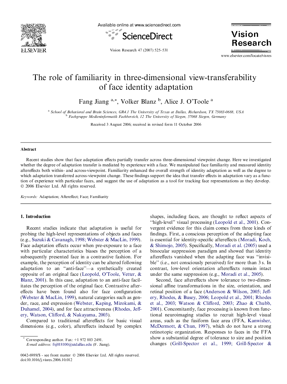 The role of familiarity in three-dimensional view-transferability of face identity adaptation