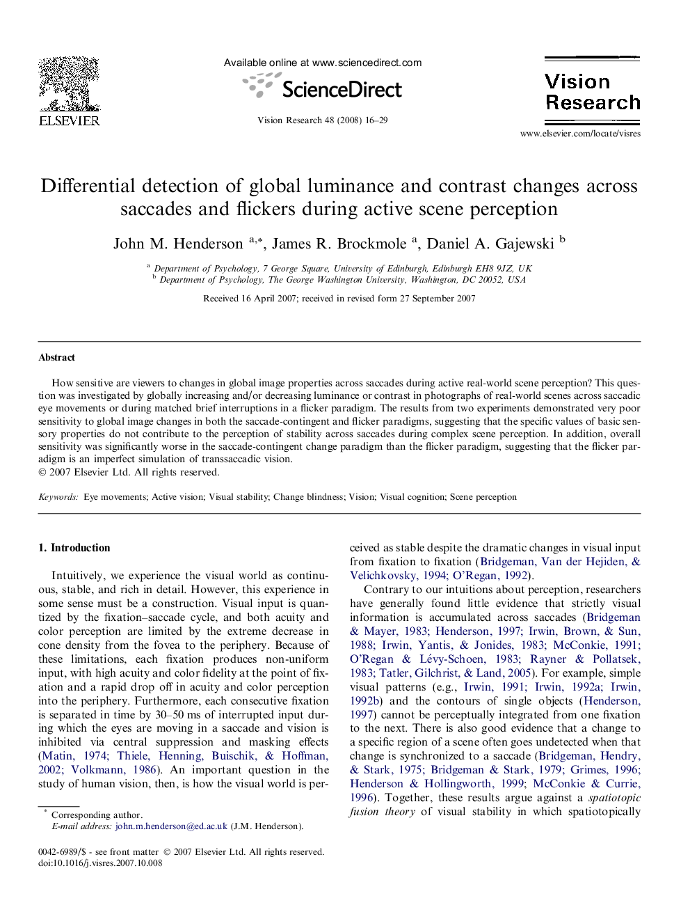 Differential detection of global luminance and contrast changes across saccades and flickers during active scene perception