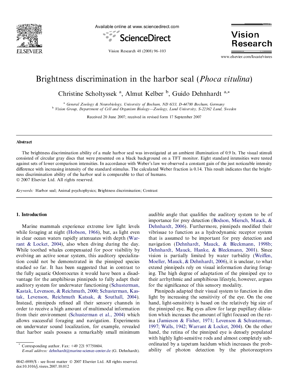 Brightness discrimination in the harbor seal (Phoca vitulina)