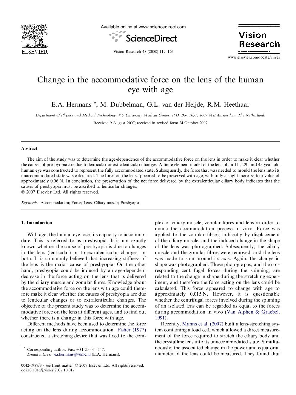 Change in the accommodative force on the lens of the human eye with age