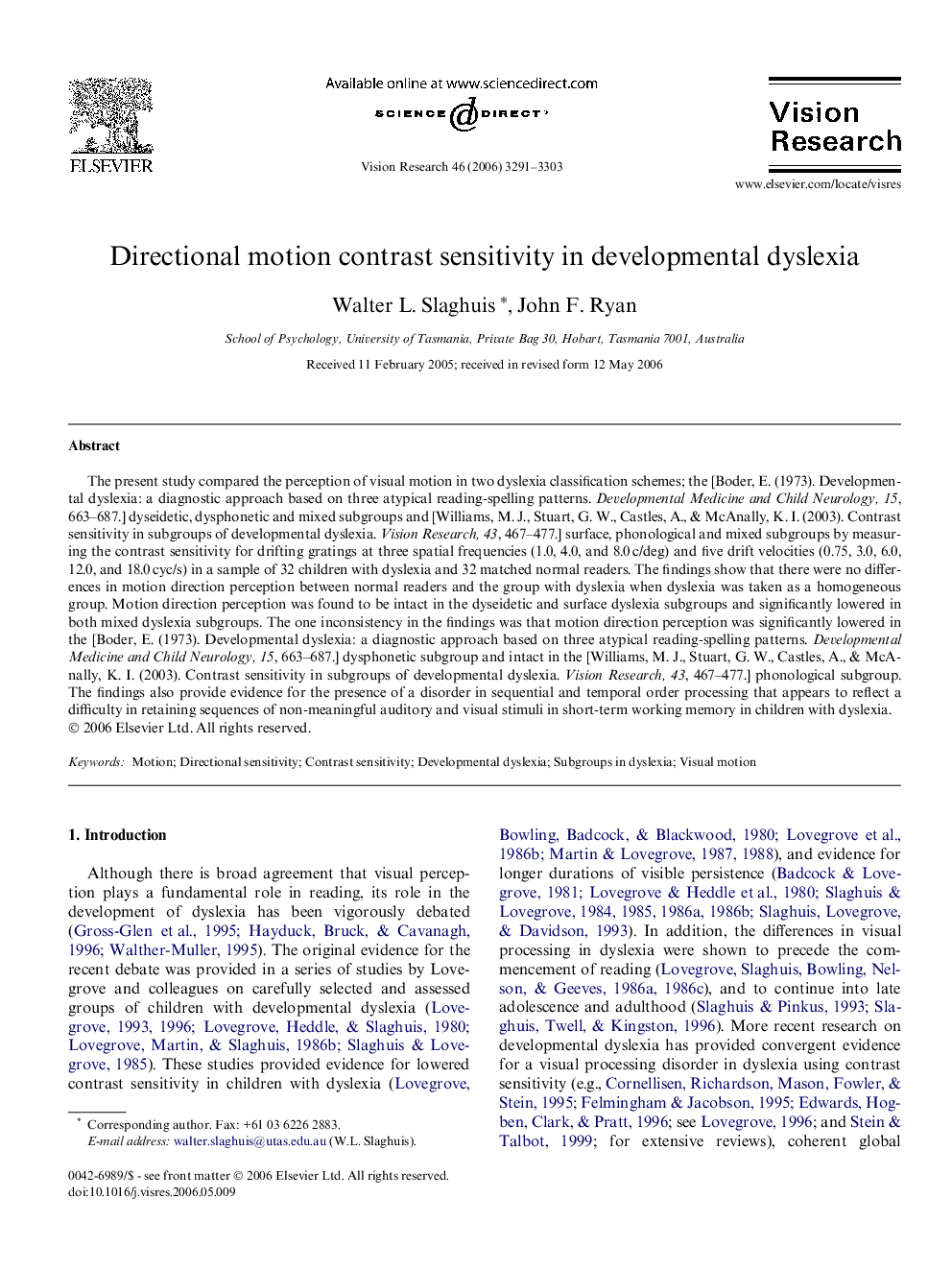 Directional motion contrast sensitivity in developmental dyslexia