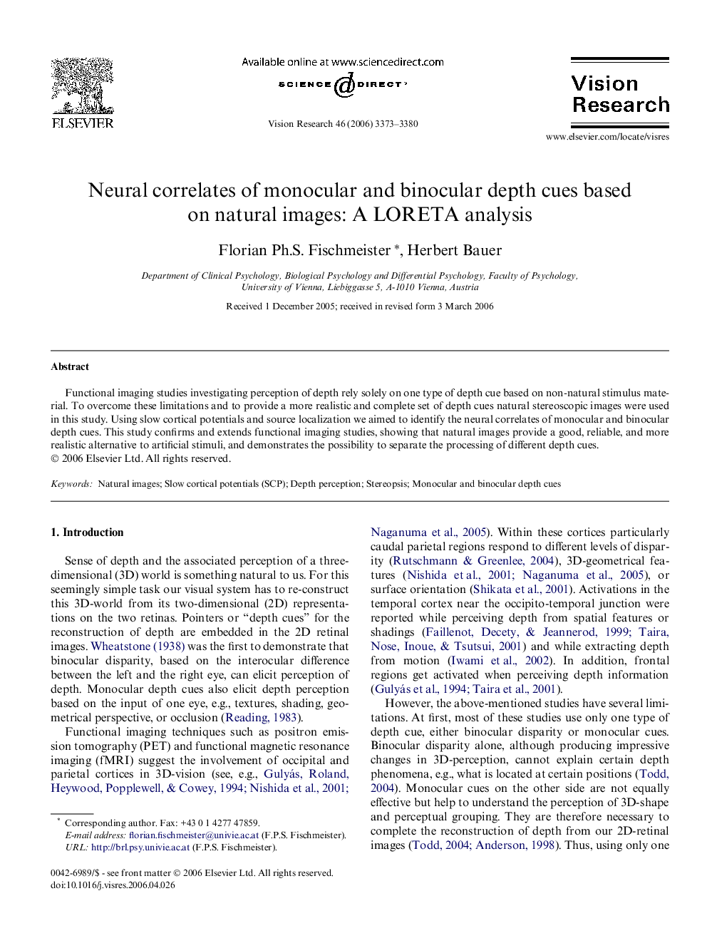 Neural correlates of monocular and binocular depth cues based on natural images: A LORETA analysis