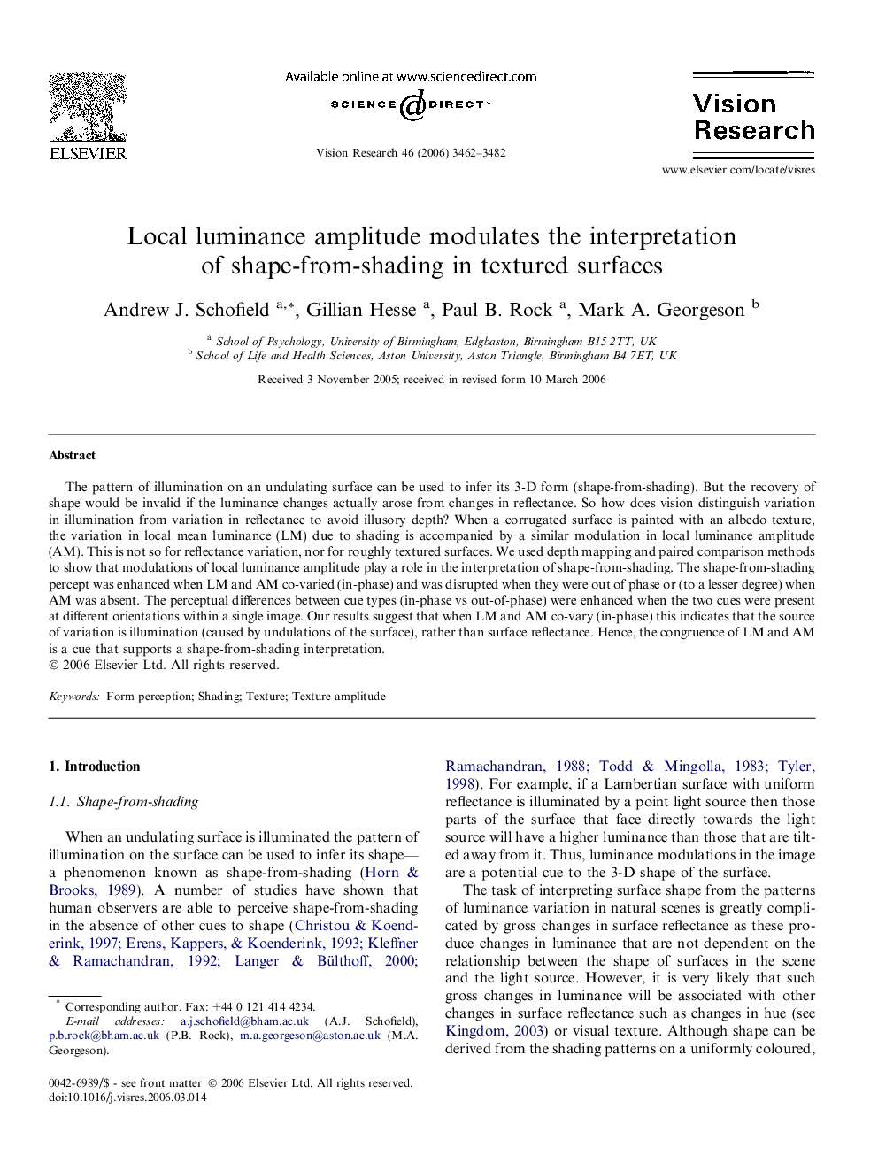 Local luminance amplitude modulates the interpretation of shape-from-shading in textured surfaces