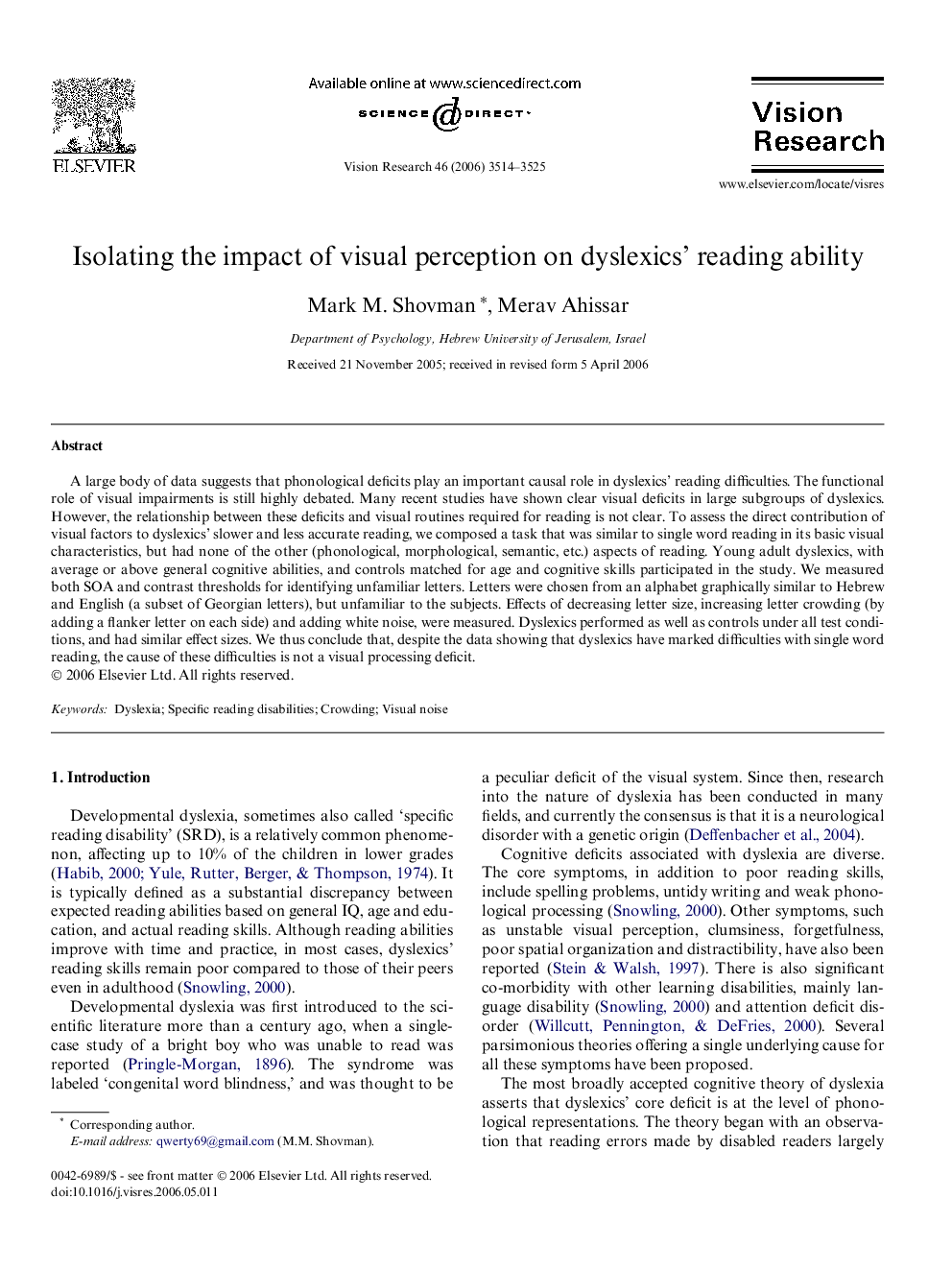 Isolating the impact of visual perception on dyslexics’ reading ability