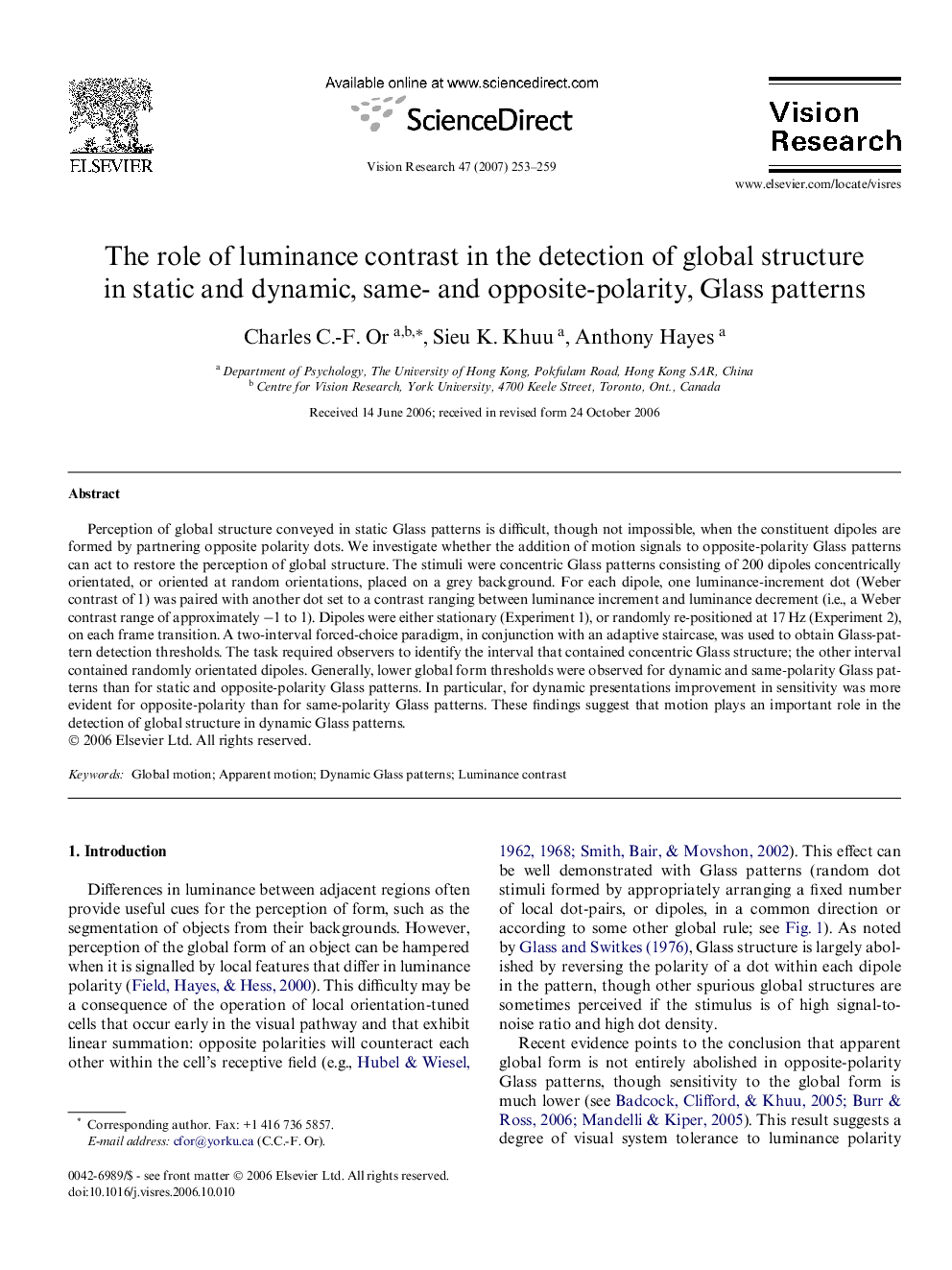 The role of luminance contrast in the detection of global structure in static and dynamic, same- and opposite-polarity, Glass patterns