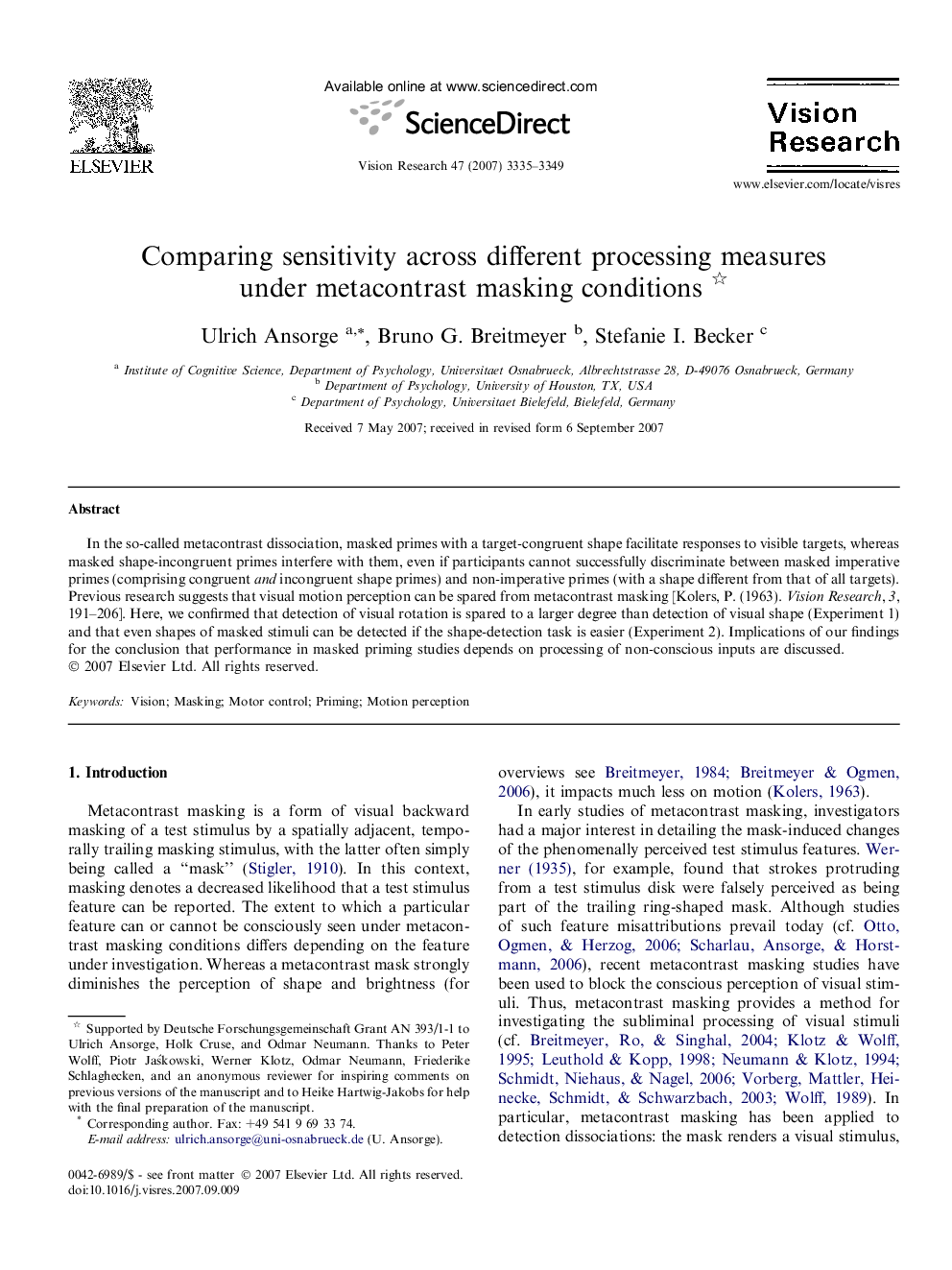 Comparing sensitivity across different processing measures under metacontrast masking conditions 