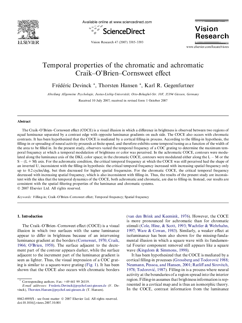 Temporal properties of the chromatic and achromatic Craik–O’Brien–Cornsweet effect