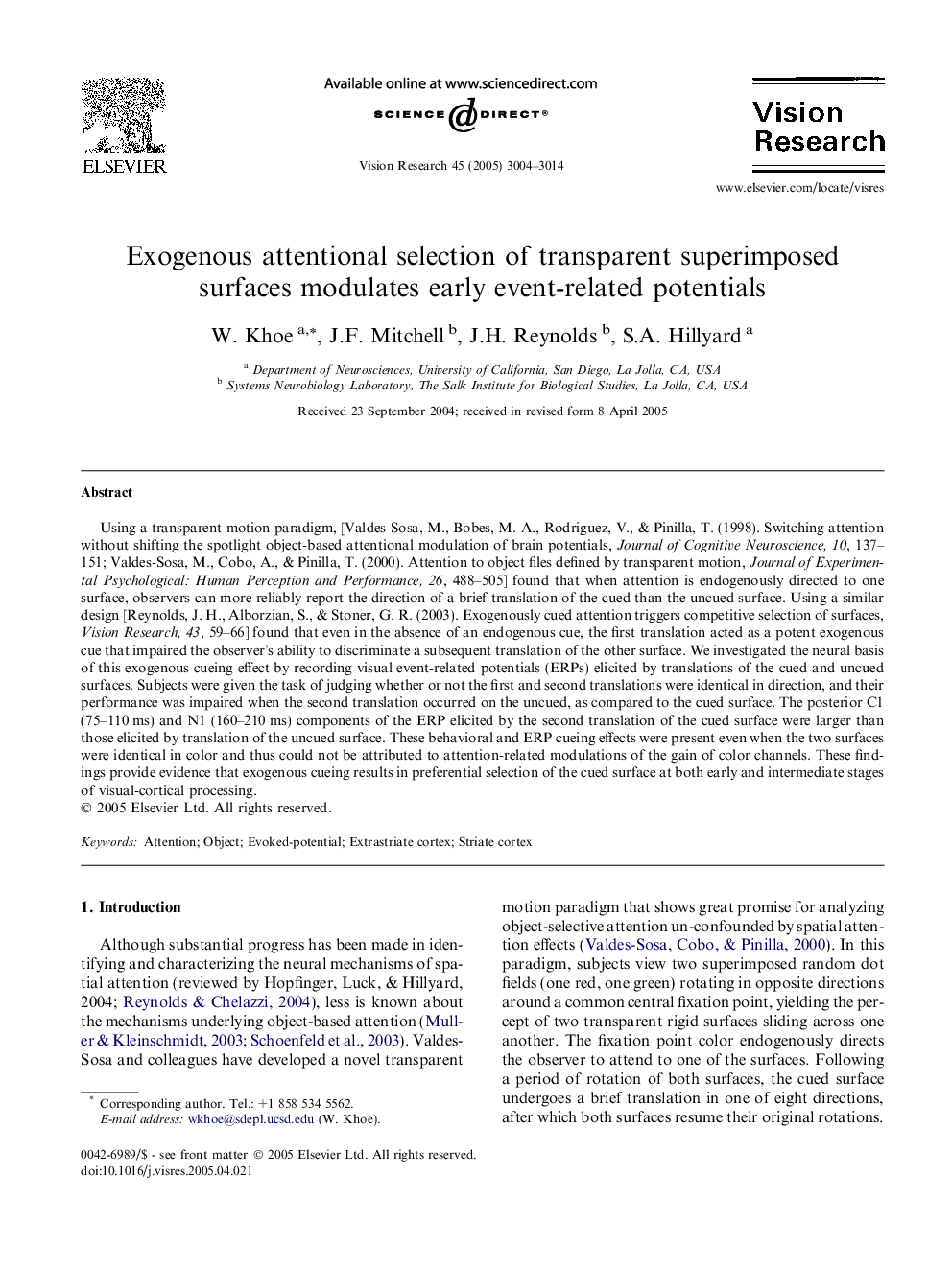 Exogenous attentional selection of transparent superimposed surfaces modulates early event-related potentials