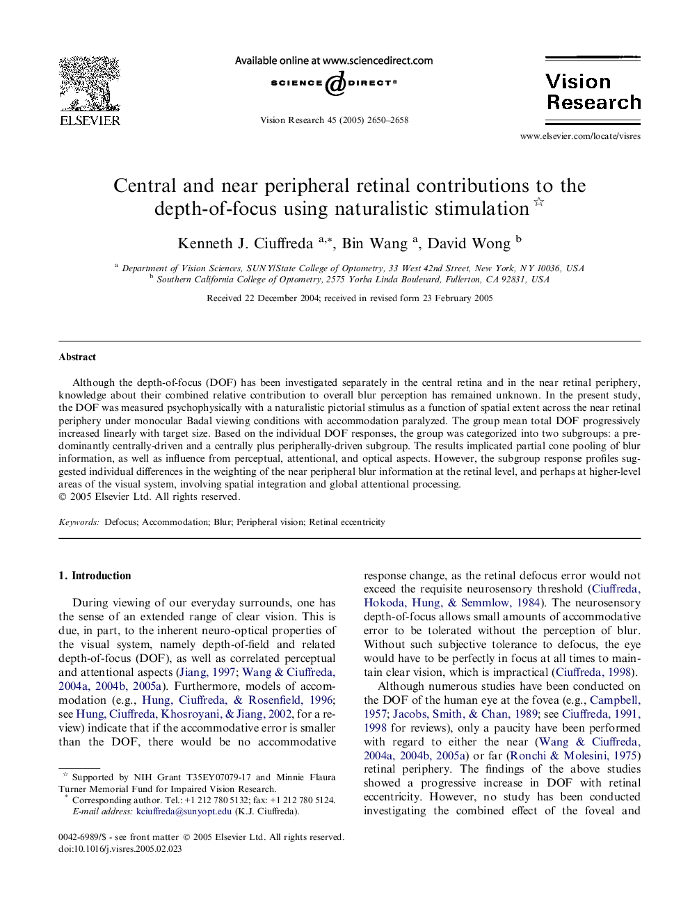 Central and near peripheral retinal contributions to the depth-of-focus using naturalistic stimulation 