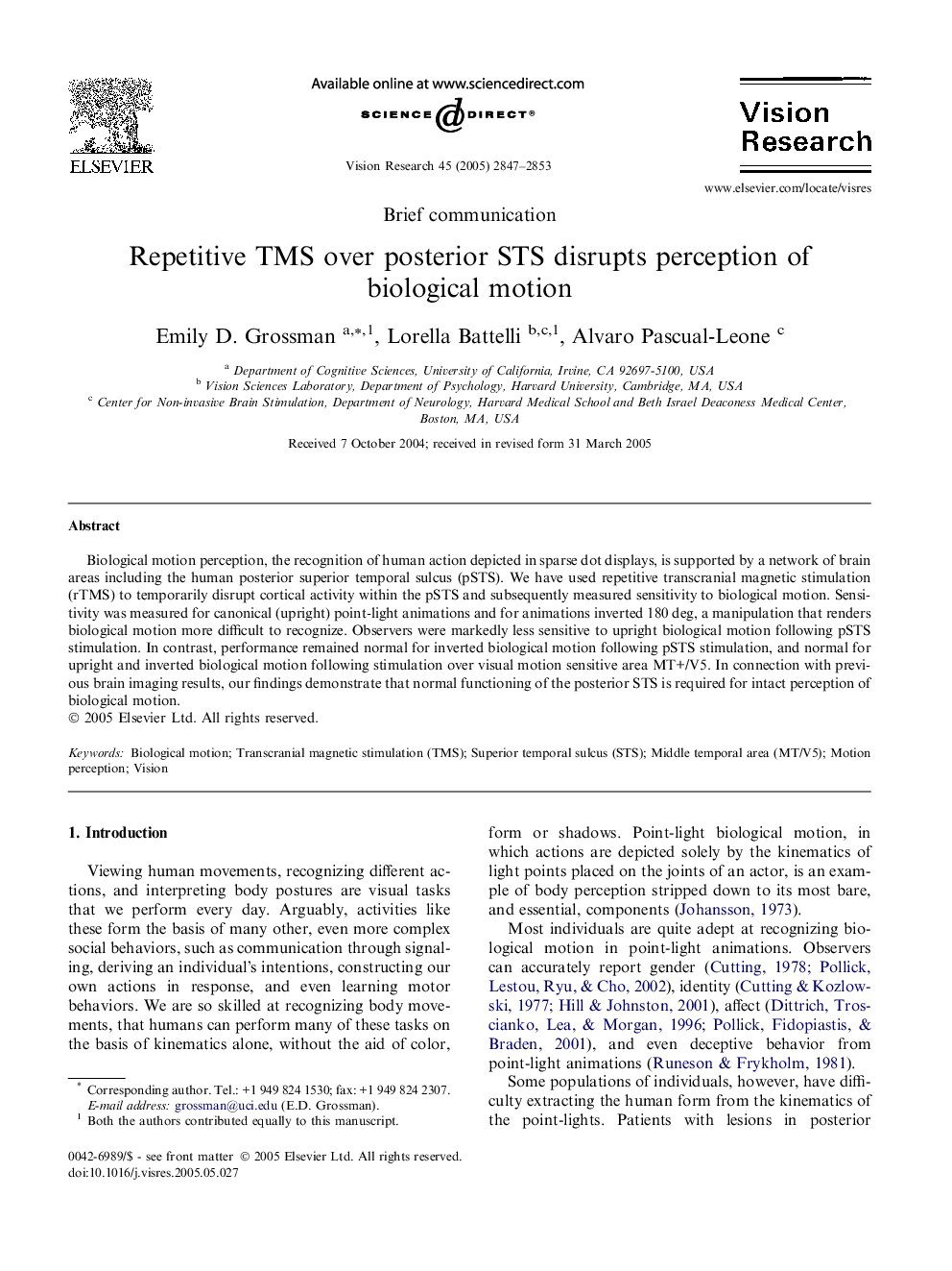 Repetitive TMS over posterior STS disrupts perception of biological motion